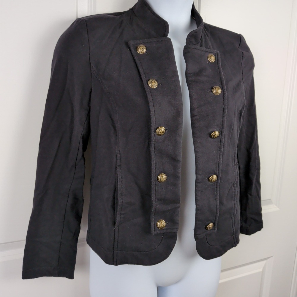 Women Black Military Jacket Gold Crest Button Stand Collar Steampunk Preppy Goth